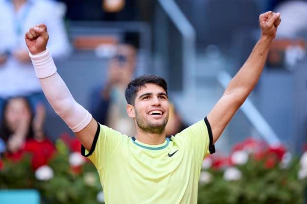 Mutua Madrid Open - Day Nine Carlos Alcaraz of Spain celebrates after winning the match against Jan-Lennard Struff of Germany during day nine of the Mutua Madrid Open 2024 at Caja Magica on April 30, 2024, in Madrid, Spain. Madrid Caja Magica Madrid Spain RL_MMO24_01300 Copyright: xRicardoxLarreinax