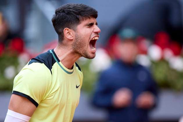 Mutua Madrid Open - Day Nine Carlos Alcaraz of Spain celebrates after winning the match against Jan-Lennard Struff of Germany during day nine of the Mutua Madrid Open 2024 at Caja Magica on April 30, 2024, in Madrid, Spain. Madrid Caja Magica Madrid Spain RL_MMO24_01309 Copyright: xRicardoxLarreinax