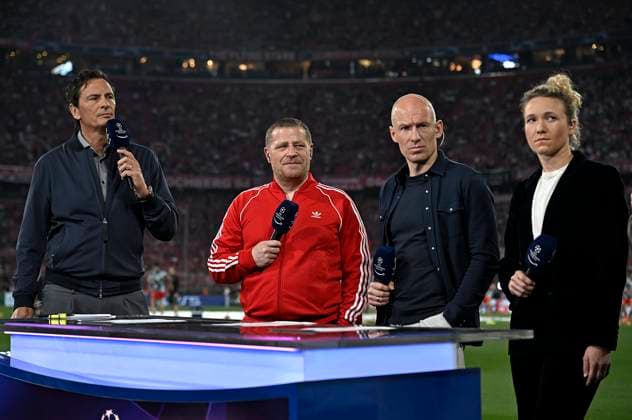 30 04 2024, Football UEFA Champions League 2023 2024 semi-final, FC Bayern Munich Real Madrid, in the Allianz Arena Munich L R Presenter Sebastian Hellmann, Sports Director Max Eberl Bayern Munich , Arjen Robben and Josephine Henning DFL and DFB regulations prohibit any use of photographs as image sequences and or quasi video