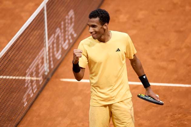 Mutua Madrid Open - Day Nine Felix Auger-Aliassime of Canada celebrates after winning the match against Casper Ruud of Norway during day nine of the Mutua Madrid Open 2024 at Caja Magica on April 30, 2024, in Madrid, Spain. Madrid Caja Magica Madrid Spain RL_MMO24_01346 Copyright: xRicardoxLarreinax