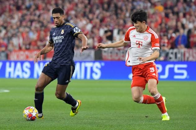 30 04 2024, xemx, Football UEFA Champions League, FC Bayern Muenchen Real Madrid emspor, v l Jude Bellingham Real Madrid , Kim Minjae FC Bayern Muenchen DFL DFB REGULATIONS PROHIBIT ANY USE OF PHOTOGRAPHS as IMAGE SEQUENCES and or QUASI VIDEO Muenchen