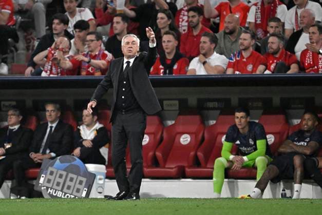 30 04 2024, Football UEFA Championsleague 2023 2024 Semifinal, FC Bayern Munich Real Madrid, in the Allianz Arena Munich Coach Carlo Ancelotti Real Madrid DFL and DFB regulations prohibit any use of photographs as image sequences and or quasi video