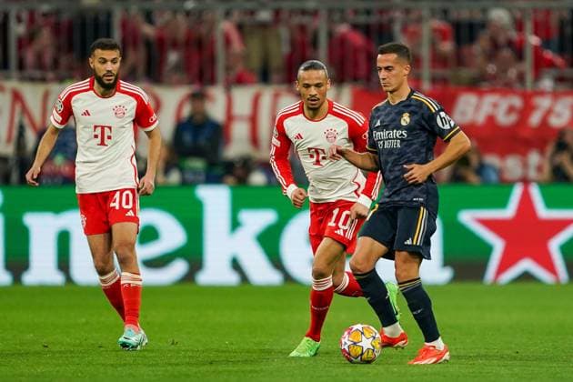 Munich, Germany, April 30th 2024: Lucas Vazquez (Real Madrid) and Leroy Sane (10 Bayern Munich) battle for the ball (duel) during the UEFA Champions League semifinal football match between FC Bayern Munich and Real Madrid at Allianz Arena in Munich, Germany. (Daniela Porcelli SPP) Copyright: xDanielaxPorcellix xSPPx spp-en-DaPoSp-20240430-DP102204