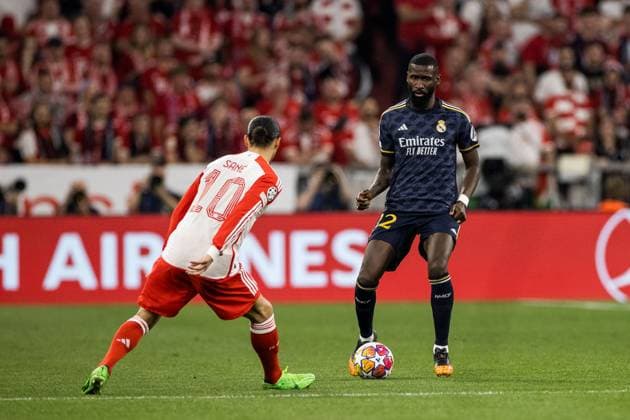 UEFA Champions League FC Bayern Munich Real Madrid 30 04 2024 duel Leroy Sane FC Bayern Munich, 10 , Antonio Rüdiger Real Madrid, 22 UEFA Champions League FC Bayern Munich Real Madrid, Munich, Allianz Arena Copyright: xBEAUTIFULxSPORTS Wunderlx