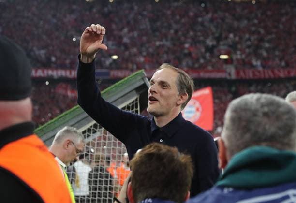Munich, Germany April 30, 2024 Football, Men, Champions League, Season 2023 2024, Semi-final first leg, FC Bayern Munich Real Madrid, Allianz Arena Thomas Tuchel, Coach FC Bayern Munich Hand, wave, greeting