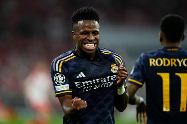 FC Bayern München v Real Madrid: Semi-final First Leg - UEFA Champions League 2023 24 Vinicius Junior left winger of Real Madrid and Brazil celebrates after scoring his sides first goal during the UEFA Champions League semi-final first leg match between FC Bayern München and Real Madrid at Allianz Arena on April 30, 2024 in Munich, Germany. Munich Germany  Copyright: xJosexBretonx originalFilename:breton-fcbayern240430_np6Fb.jpg