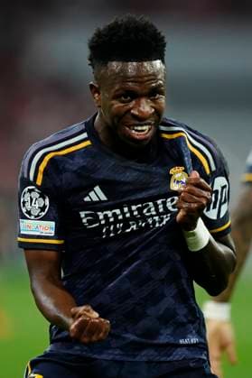 FC Bayern München v Real Madrid: Semi-final First Leg - UEFA Champions League 2023 24 Vinicius Junior left winger of Real Madrid and Brazil celebrates after scoring his sides first goal during the UEFA Champions League semi-final first leg match between FC Bayern München and Real Madrid at Allianz Arena on April 30, 2024 in Munich, Germany. Munich Germany  Copyright: xJosexBretonx originalFilename:breton-fcbayern240430_nptSR.jpg