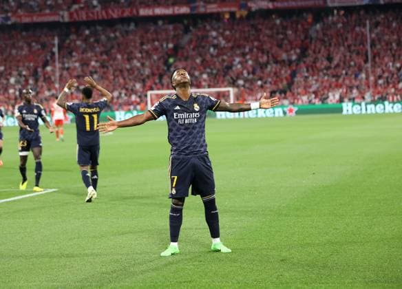 Munich, Germany 30 April 2024 Football, Men, Champions League, Season 2023 2024, Semifinal first leg, FC Bayern Munich Real Madrid, Allianz Arena 0 1 by Vinicius Junior Real Madrid , Goal, Cheering
