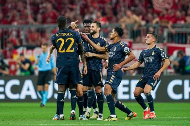 Munich, Germany, April 30th 2024: Players of Real Madrid celebrate the first goal by Vinicius Junior (7 Real Madrid) during the UEFA Champions League semifinal football match between FC Bayern Munich and Real Madrid at Allianz Arena in Munich, Germany. (Daniela Porcelli SPP) Copyright: xDanielaxPorcellix xSPPx spp-en-DaPoSp-20240430-DP102334