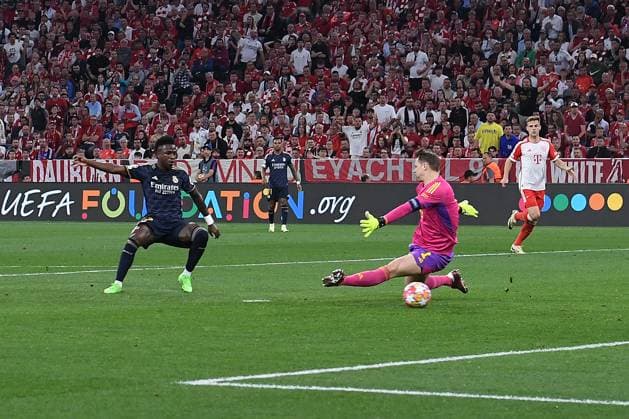 Soccer Champions League Semi Final FC Bayern Munich Real Madrid on 30 04 2024 at the Allianz Arena in Munich Goal to 0 1 by Vinicius Junior Madrid xRx