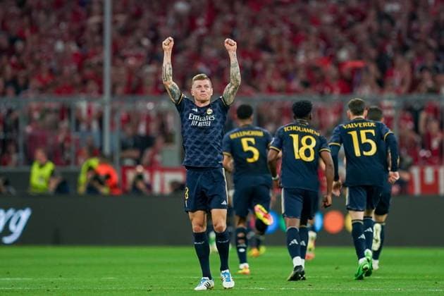 Munich, Germany, April 30th 2024: Toni Kroos (8 Real Madrid) celebrates the first goal by Vinicius Junior (7 Real Madrid) during the UEFA Champions League semifinal football match between FC Bayern Munich and Real Madrid at Allianz Arena in Munich, Germany. (Daniela Porcelli SPP) Copyright: xDanielaxPorcellix xSPPx spp-en-DaPoSp-20240430-DP102350