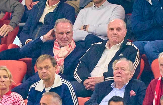 Karl-Heinz RUMMENIGGE (Mitglied Aufsichtsrat FCB AG) Uli HOENESS (former FCB President ), Ehrenpräsident, in the semi final match FC BAYERN MUENCHEN - REAL MADRID of football UEFA Champions League in season 2023 2024 in Munich, Apr 30, 2024. Halbfinale,, FCB, München