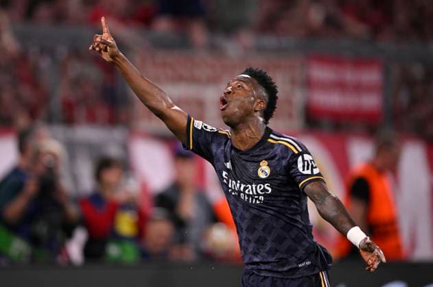 GOAL to 0 1 Vinicius Junior Real Madrid 07 Goal celebration FC Bayern Muenchen FCB vs Real Madrid Semifinal First leg 30 04 2024 DFL REGULATIONS PROHIBIT ANY USE OF PHOTOGRAPHS AS IMAGE SEQUENCES AND OR QUASI VIDEO FC Bayern Muenchen FCB vs FC Arsenal