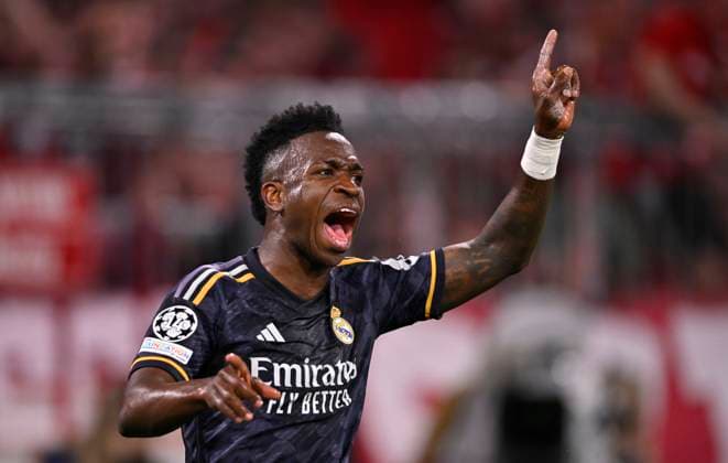 GOAL to 0 1 Vinicius Junior Real Madrid 07 Goal celebration FC Bayern Muenchen FCB vs Real Madrid Semifinal First leg 30 04 2024 DFL REGULATIONS PROHIBIT ANY USE OF PHOTOGRAPHS AS IMAGE SEQUENCES AND OR QUASI VIDEO FC Bayern Muenchen FCB vs FC Arsenal