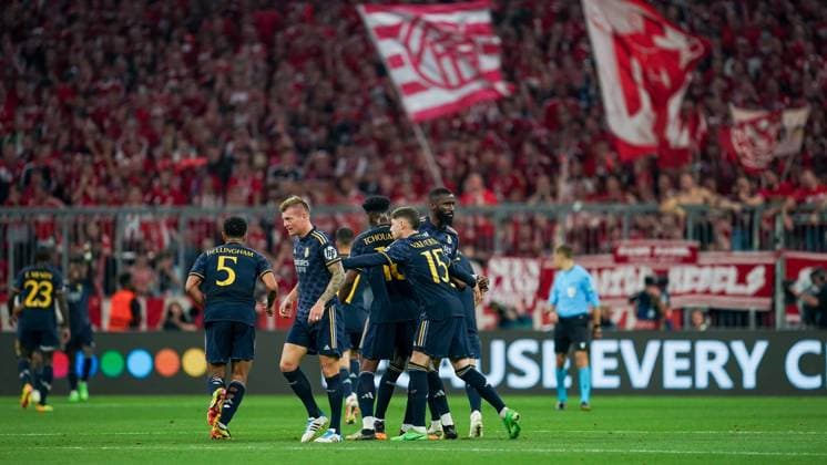 Munich, Germany, April 30th 2024: Players of Real Madrid celebrate the first goal by Vinicius Junior (7 Real Madrid) during the UEFA Champions League semifinal football match between FC Bayern Munich and Real Madrid at Allianz Arena in Munich, Germany. (Daniela Porcelli SPP) Copyright: xDanielaxPorcellix xSPPx spp-en-DaPoSp-20240430-DP102345