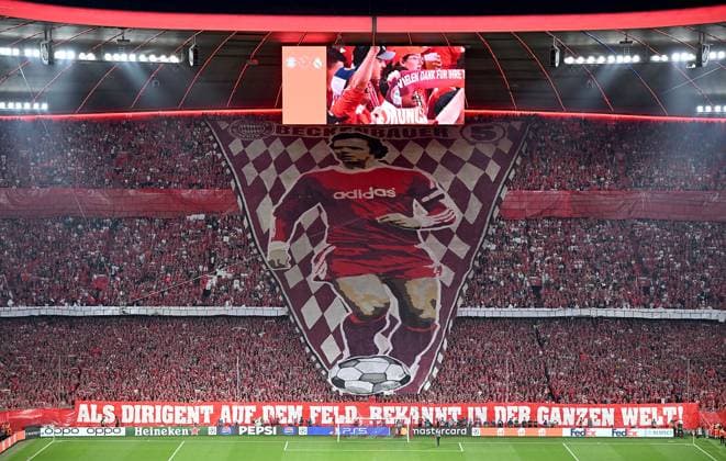 FOOTBALL CHAMPIONS LEAGUE SEASON 2023 2024 Semi-final, first leg FC Bayern Muenchen Real Madrid 30 04 2024 FC Bayern Muenchen fans commemorate Franz, FCB legend Franz Beckenbauer with a choreography in the Suekurve of the Allianz Arena AS A DIRECTOR ON THE FIELD, KNOWN ALL OVER THE WORLD