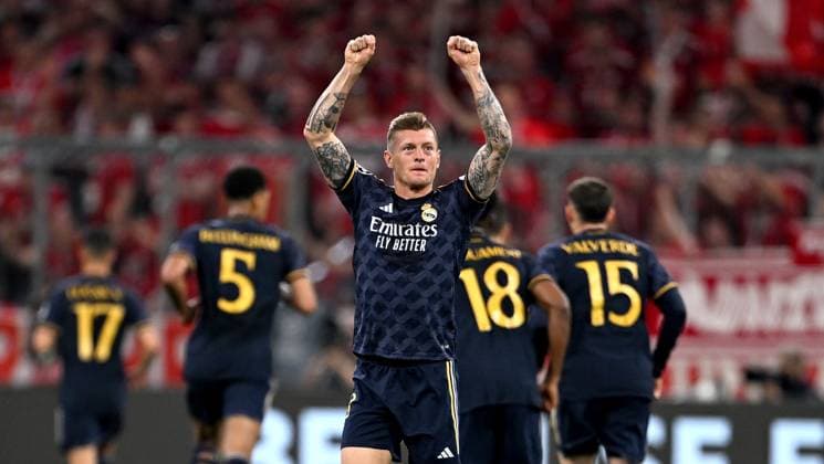 FOOTBALL CHAMPIONS LEAGUE SEASON 2023 2024 Semi-final, first leg FC Bayern Munich Real Madrid 30 04 2024 Real Madrid Toni Kroos celebrates after scoring to make it 0 1