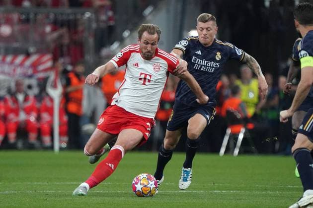 Football, UEFA Champions League season 2023 2024, semi-final, semi-final, , FC Bayern Munich Real Madrid Allianzarena Munich Harry Kane FC Bayern Munich, toni kroos
