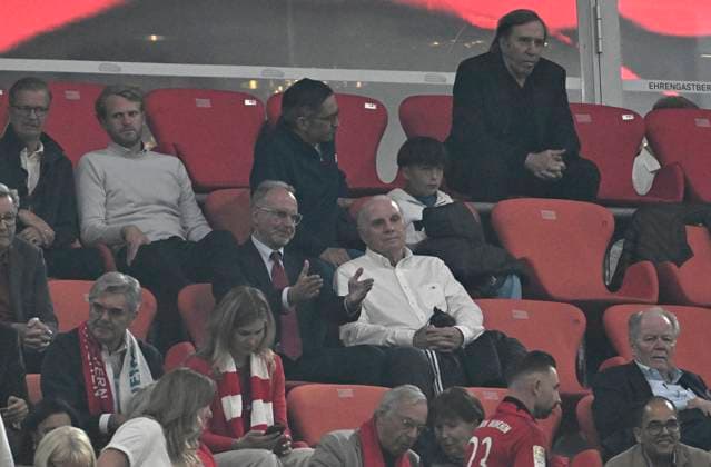 30 04 2024, Football UEFA Championsleague 2023 2024 semi-final, FC Bayern Munich Real Madrid, in the Allianz Arena Munich L R Chairman of the Board Karl Heinz Rummenigge Bayern Munich and Deputy Chairman of the Supervisory Board Uli Hoeneß Bayern Munich in the stands DFL and DFB regulations prohibit any use of photographs as image sequences and or quasi video