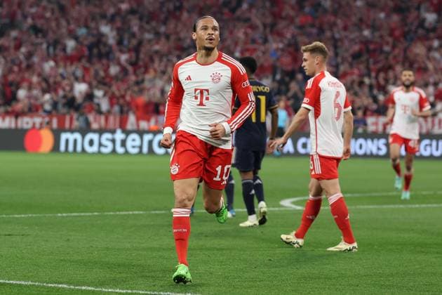 Leroy Sane 10 FC Bayern Muenchen goal celebration to equalize 1 1, FC Bayern Muenchen vs Real Madrid, Champions League, football, semi-final, first leg, 30 04 2024 Muenchen Bayern Germany Copyright: xkolbert-press ChristianxKolbertx