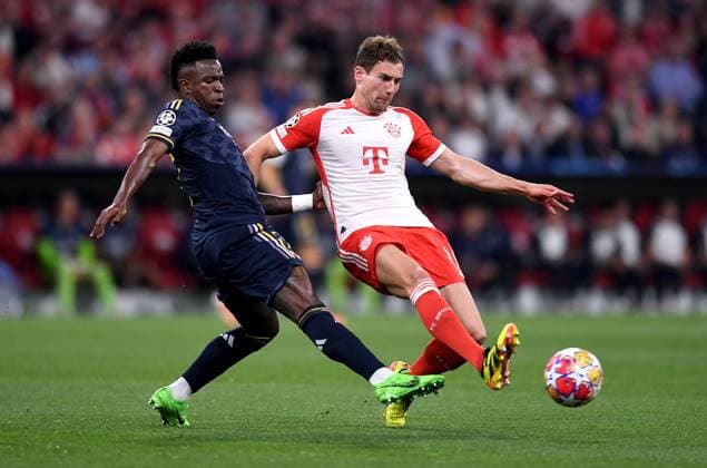 FOOTBALL CHAMPIONS LEAGUE SEASON 2023 2024 semi-final, first leg FC Bayern Muenchen Real Madrid 30 04 2024 Vinicius Junior left, Real Madrid vs Leon Goretzka right, FC Bayern Muenchen
