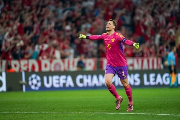 Munich, Germany, April 30th 2024: Manuel Neuer (1 Bayern Munich) celebrates the first goal by Leroy Sane (10 Bayern Munich) during the UEFA Champions League semifinal football match between FC Bayern Munich and Real Madrid at Allianz Arena in Munich, Germany. (Daniela Porcelli SPP) Copyright: xDanielaxPorcellix xSPPx spp-en-DaPoSp-20240430-DP102625