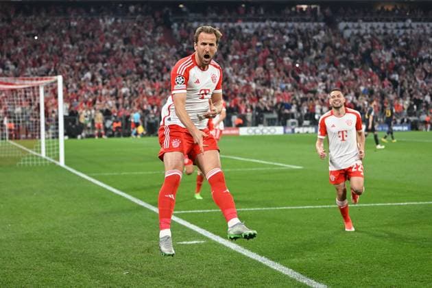 Muenchen, Allianz Arena, 30 04 24, GER, Men, UEFA Champions League, Round of 16, Season 2023 2024, FC Bayern Muenchen Real Madrid Picture Harry KANE Muenchen cheers after his goal to 2 1 Only for editorial use UEFA regulations prohibit any use of photographs as image sequences and or quasi video Bayern Germany