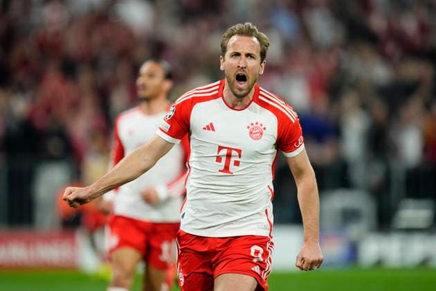 FC Bayern München v Real Madrid: Semi-final First Leg - UEFA Champions League 2023 24 Harry Kane Centre-Forward of Bayern Munich and England celebrates after scoring his sides first goal during the UEFA Champions League semi-final first leg match between FC Bayern München and Real Madrid at Allianz Arena on April 30, 2024 in Munich, Germany. Munich Germany  Copyright: xJosexBretonx originalFilename:breton-fcbayern240430_npgca.jpg