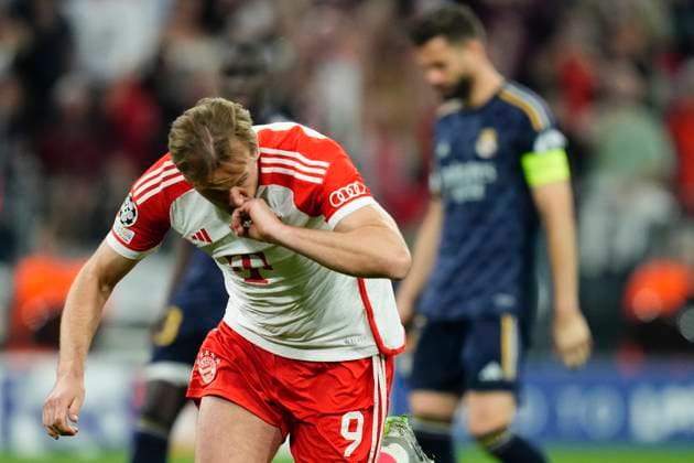 FC Bayern München v Real Madrid: Semi-final First Leg - UEFA Champions League 2023 24 Harry Kane Centre-Forward of Bayern Munich and England celebrates after scoring his sides first goal during the UEFA Champions League semi-final first leg match between FC Bayern München and Real Madrid at Allianz Arena on April 30, 2024 in Munich, Germany. Munich Germany  Copyright: xJosexBretonx originalFilename:breton-fcbayern240430_npw1p.jpg