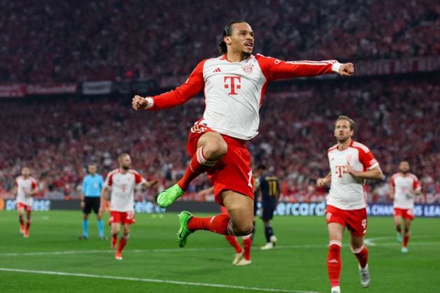 Leroy Sane 10 FC Bayern Muenchen goal celebration to equalize 1 1, FC Bayern Muenchen vs Real Madrid, Champions League, football, semi-final, first leg, 30 04 2024 Muenchen Bayern Germany Copyright: xkolbert-press ChristianxKolbertx