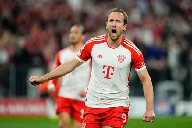 FC Bayern München v Real Madrid: Semi-final First Leg - UEFA Champions League 2023 24 Harry Kane Centre-Forward of Bayern Munich and England celebrates after scoring his sides first goal during the UEFA Champions League semi-final first leg match between FC Bayern München and Real Madrid at Allianz Arena on April 30, 2024 in Munich, Germany. Munich Germany  Copyright: xJosexBretonx originalFilename:breton-fcbayern240430_npg5y.jpg