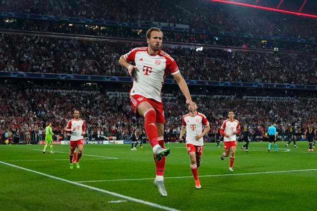FC Bayern München v Real Madrid: Semi-final First Leg - UEFA Champions League 2023 24 Harry Kane Centre-Forward of Bayern Munich and England celebrates after scoring his sides first goal during the UEFA Champions League semi-final first leg match between FC Bayern München and Real Madrid at Allianz Arena on April 30, 2024 in Munich, Germany. Munich Germany  Copyright: xJosexBretonx originalFilename:breton-fcbayern240430_np6zW.jpg