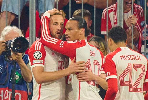Harry Kane, FCB 9 celebrates his goal, happy, laugh, celebration, 2-1 with Leroy SANE, FCB 10 in the semi final match FC BAYERN MUENCHEN - REAL MADRID of football UEFA Champions League in season 2023 2024 in Munich, Apr 30, 2024. Halbfinale,, FCB, München