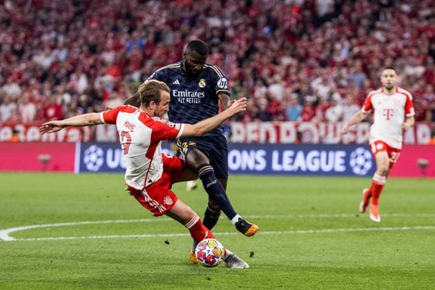 UEFA Champions League FC Bayern Munich Real Madrid 30 04 2024 duel Harry Kane FC Bayern Munich, 9 , Antonio Rüdiger Real Madrid, 22 UEFA Champions League FC Bayern Munich Real Madrid, Munich, Allianz Arena Copyright: xBEAUTIFULxSPORTS Wunderlx