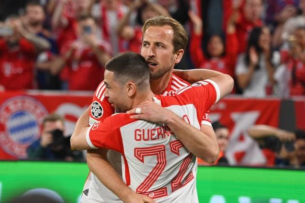 Goal celebration Harry KANE Bayern Muenchen after goal to 2 1 with Raphael GUERREIRO Bayern Muenchen action,jubilation,joy,enthusiasm, football Champions League semi-final FC Bayern Muenchen Real Madrid on 30 04 2024, A L L I A N Z A R E N A