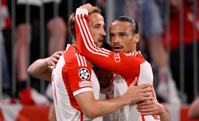 GOAL for 2 1 penalty, penalty kick Harry Kane FC Bayern Muenchen FCB 09 Goal celebration with Leroy Sane FC Bayern Muenchen FCB 10 FC Bayern Muenchen FCB vs Real Madrid semi-final first leg 30 04 2024 DFL REGULATIONS PROHIBIT ANY USE OF PHOTOGRAPHS AS IMAGE SEQUENCES AND OR QUASI VIDEO FC Bayern Muenchen FCB vs FC Arsenal