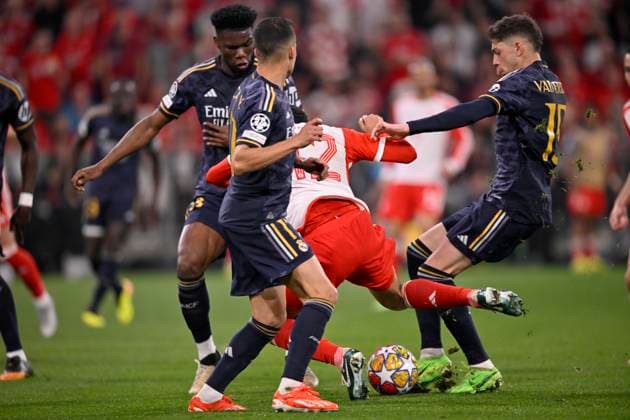 Duel, action Foul by Lucas Vazquez Real Madrid 17 on Jamal Musiala FC Bayern Muenchen FCB 42 leads to penalty, penalty kick FC Bayern Muenchen FCB vs Real Madrid semi-final first leg 30 04 2024 DFL REGULATIONS PROHIBIT ANY USE OF PHOTOGRAPHS AS IMAGE SEQUENCES AND OR QUASI VIDEO FC Bayern Muenchen FCB vs FC Arsenal