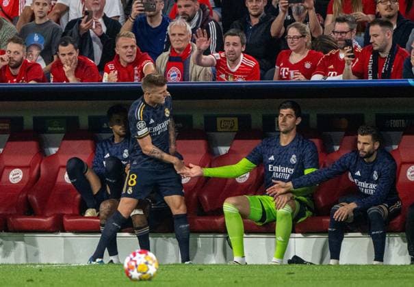 Football, Men, 2023 2024 season, Champions League semi-final, first leg , FC Bayern Munich Real Madrid, f l Dani Ceballos Real Madrid , Toni Kroos Real Madrid , Goalkeeper Thibaut Courtois Real Madrid , Nacho Real Madrid , 30 04 2024, Copyright: xMatthiasxKochx