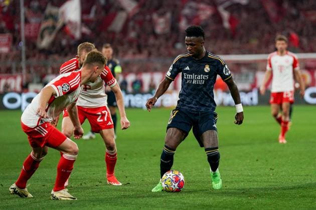 Munich, Germany, April 30th 2024: Vinicius Junior (7 Real Madrid) with the ball during the UEFA Champions League semifinal football match between FC Bayern Munich and Real Madrid at Allianz Arena in Munich, Germany. (Daniela Porcelli SPP) Copyright: xDanielaxPorcellix xSPPx spp-en-DaPoSp-20240430-DSC03720