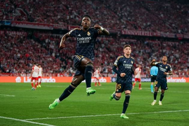 Munich, Germany, April 30th 2024: Vinicius Junior (7 Real Madrid) celebrates after scoring his teams second goal during the UEFA Champions League semifinal football match between FC Bayern Munich and Real Madrid at Allianz Arena in Munich, Germany. (Daniela Porcelli SPP) Copyright: xDanielaxPorcellix xSPPx spp-en-DaPoSp-20240430-DSC03866