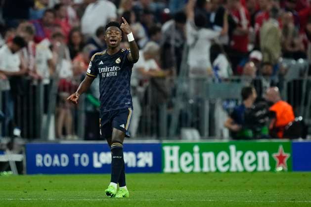 FC Bayern München v Real Madrid: Semi-final First Leg - UEFA Champions League 2023 24 Vinicius Junior left winger of Real Madrid and Brazil celebrates after scoring his sides second goal during the UEFA Champions League semi-final first leg match between FC Bayern München and Real Madrid at Allianz Arena on April 30, 2024 in Munich, Germany. Munich Germany  Copyright: xJosexBretonx originalFilename:breton-fcbayern240430_npJ6f.jpg