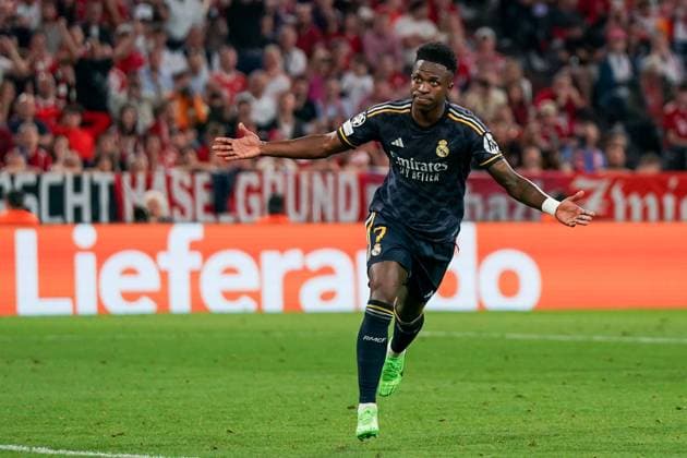 Munich, Germany, April 30th 2024: Vinicius Junior (7 Real Madrid) celebrates after scoring his teams second goal during the UEFA Champions League semifinal football match between FC Bayern Munich and Real Madrid at Allianz Arena in Munich, Germany. (Daniela Porcelli SPP) Copyright: xDanielaxPorcellix xSPPx spp-en-DaPoSp-20240430-DSC03819
