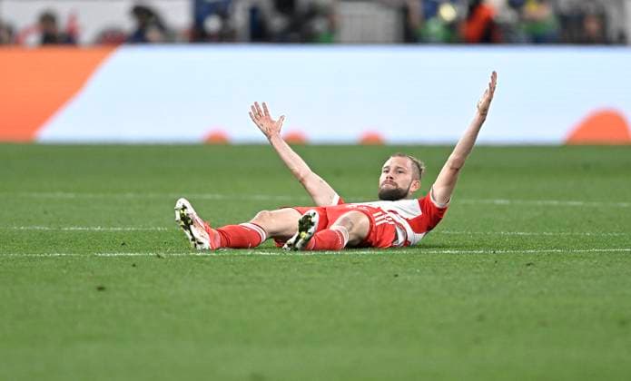 30 04 2024, Football UEFA Championsleague 2023 2024 semi-final, FC Bayern Munich Real Madrid, in the Allianz Arena Munich Konrad Laimer Bayern Munich DFL and DFB regulations prohibit any use of photographs as image sequences and or quasi video