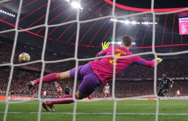 Vinicius Junior of Real Madrid scores his sides second goal from penalty kick past Manuel Neuer of Bayern Munich Bayern Munich v Real Madrid, UEFA Champions League, Semi Final, First Leg, Football, Allianz Arena, Munich, Germany - 30 Apr 2024 EDITORIAL USE ONLY No use with unauthorised audio, video, data, fixture lists, club league logos or live services. Online in-match use limited to 120 images, no video emulation. No use in betting, games or single club league player publications. Copyright: xMichaelxZemanek Shutterstockx 14454338bj