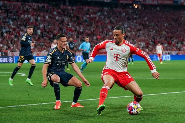 Munich, Germany, April 30th 2024: Lucas Vazquez (Real Madrid) and Leroy Sane (10 Bayern Munich) battle for the ball (duel) during the UEFA Champions League semifinal football match between FC Bayern Munich and Real Madrid at Allianz Arena in Munich, Germany. (Daniela Porcelli SPP) Cordon Press  DanielaxPorcellix xSPP UEFA Champions League - FC Bayern Munich v Real Madrid