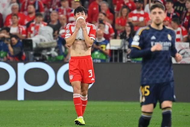 Minjae KIM FC Bayern Muenchen , Disappointment,frustration,disappointed,frustrated,dejected after penalty,penalty kick Football Champions League semi-final FC Bayern Muenchen Real Madrid 2 2 on 30 04 2024, A L L I A N Z A R E N A
