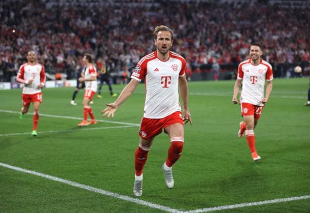 Munich, Germany 30 April 2024 Football, Men, Champions League, Season 2023 2024, Semifinal first leg, FC Bayern Munich Real Madrid, Allianz Arena 2 1 by Harry Kane FC Bayern Munich , Goal, Cheering