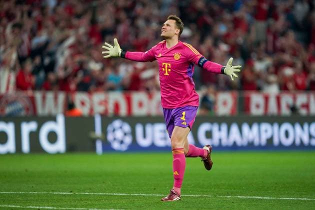 Munich, Germany, April 30th 2024: Manuel Neuer (1 Bayern Munich) celebrates a goal by Leroy Sane (10 Bayern Munich) during the UEFA Champions League semifinal football match between FC Bayern Munich and Real Madrid at Allianz Arena in Munich, Germany. (Daniela Porcelli SPP) Cordon Press  DanielaxPorcellix xSPP UEFA Champions League - FC Bayern Munich v Real Madrid