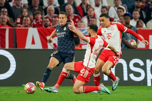 Munich, Germany, April 30th 2024: Lucas Vazquez (Real Madrid) gets tackled during the UEFA Champions League semifinal football match between FC Bayern Munich and Real Madrid at Allianz Arena in Munich, Germany. (Daniela Porcelli SPP) Cordon Press  DanielaxPorcellix xSPP UEFA Champions League - FC Bayern Munich v Real Madrid