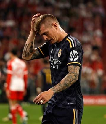 (240501) -- MUNICH, May 1, 2024 -- Toni Kroos of Real Madrid reacts during the UEFA Champions League semifinal 1st Leg football match between Bayern Munich and Real Madrid in Munich, Germany, April 30, 2024. (Photo by Xinhua) (SP)GERMANY-MUNICH-FOOTBALL-UEFA CHAMPIONS LEAGUE-BAYERN MUNICH VS REAL MADRID PhilippexRuiz 